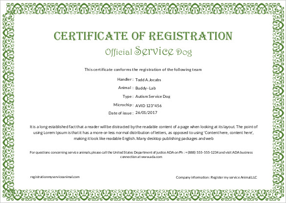 Service Dog Certificate Template Free from www.certificatestemplate.com