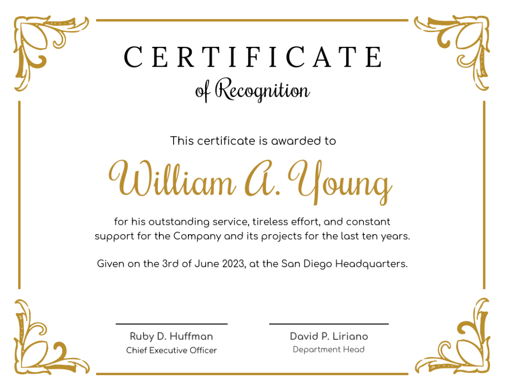 Golden Certificate Of Recognition Template