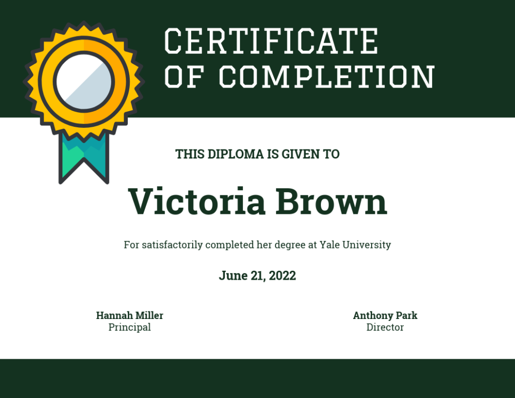 Green and White Certificate of Completion Template