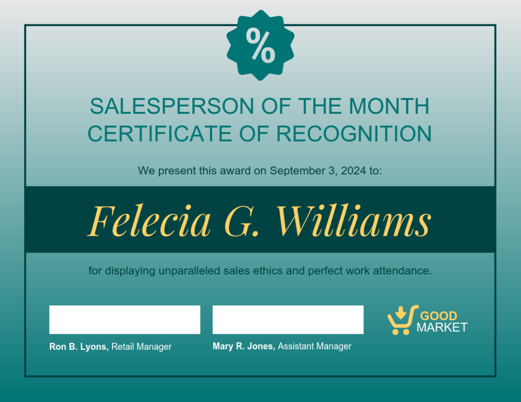 Teal Sales Employee Recognition Certificate Template