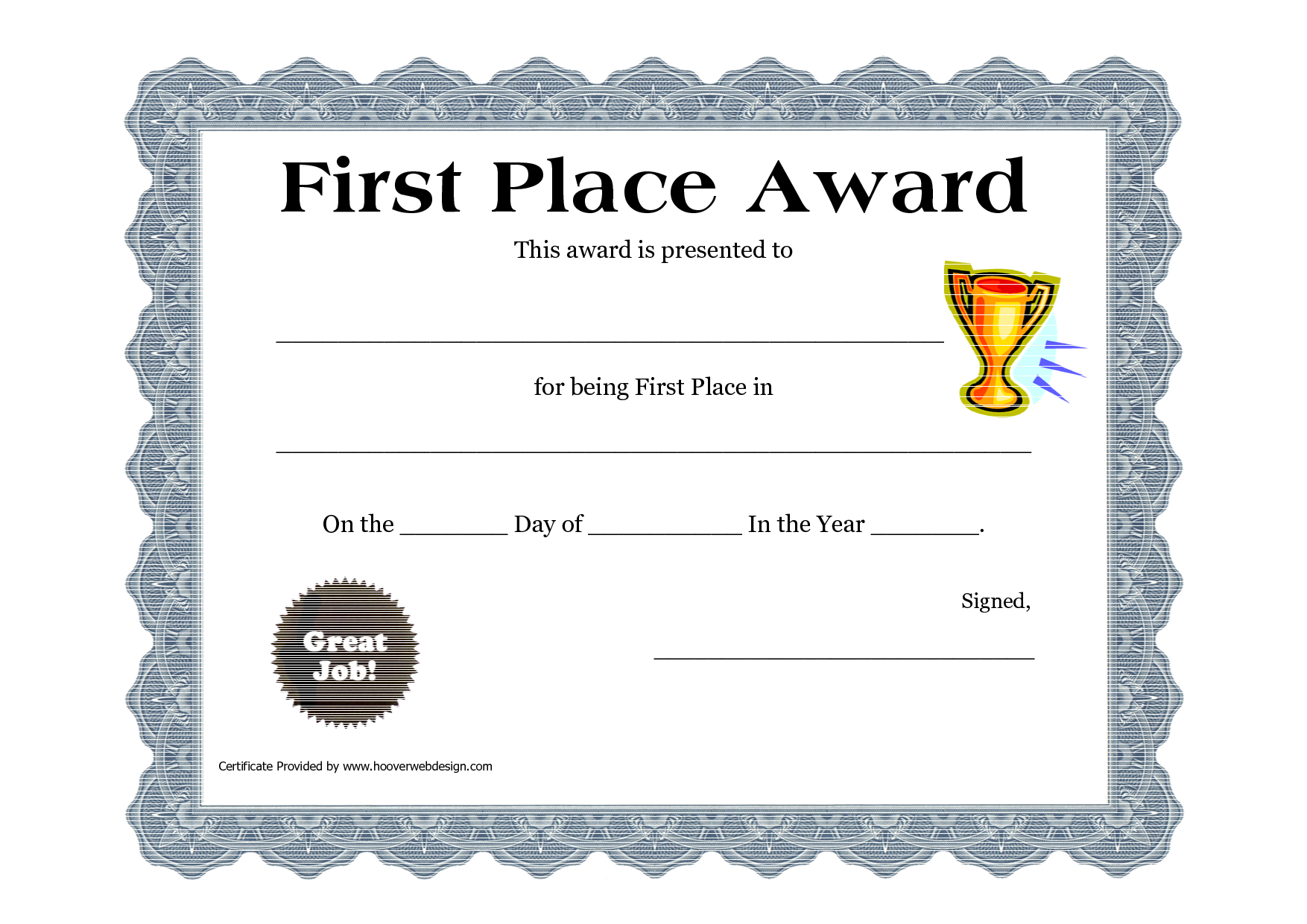 First Place Winner Certificate Pertaining To First Place Award Certificate Template